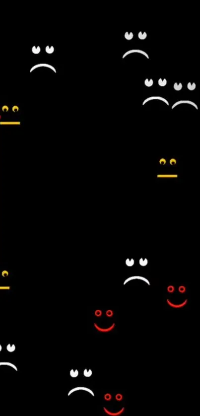 Black wallpaper with smiley and frowny faces in minimalist style.