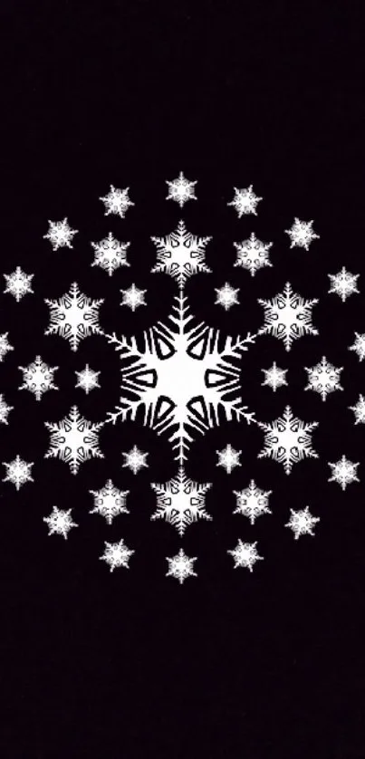 Minimalist snowflake pattern on a black background, featuring elegant white designs.