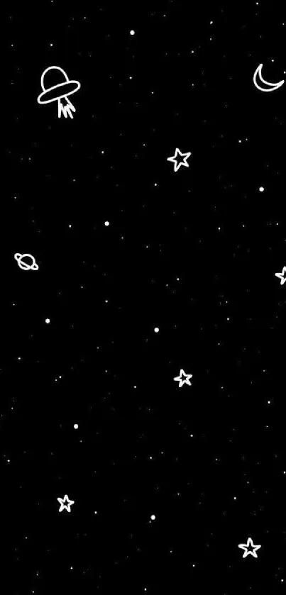 Black space-themed wallpaper with stars, planets, and UFO.