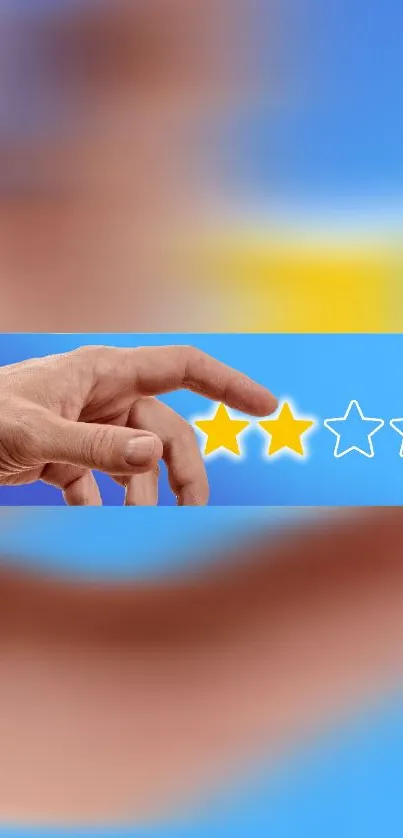 Minimalist wallpaper with star rating and hand against blue background.