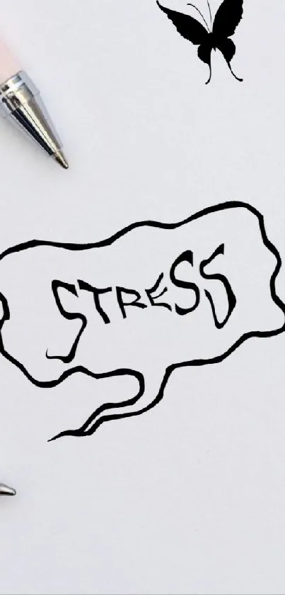 Minimalist wallpaper with stress typography and butterfly sketch.