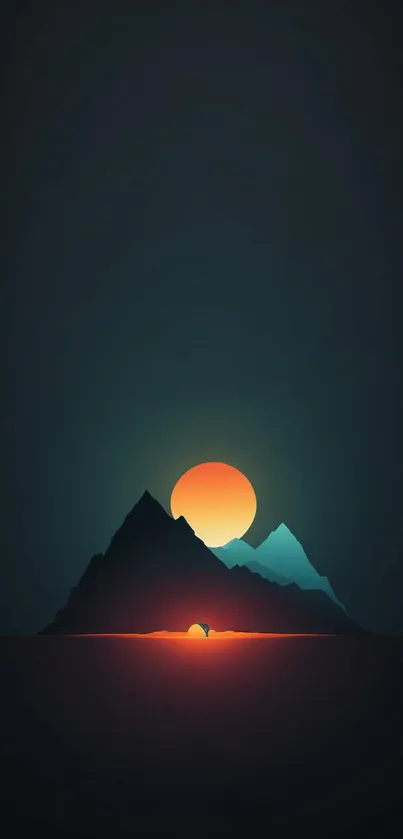 Minimalist dark wallpaper featuring a sunset behind mountain silhouettes.