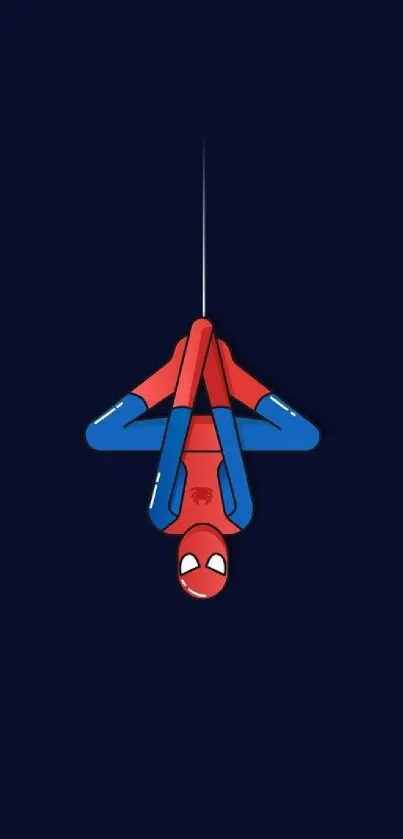 Animated superhero in red and blue suit hanging upside down on a dark background.