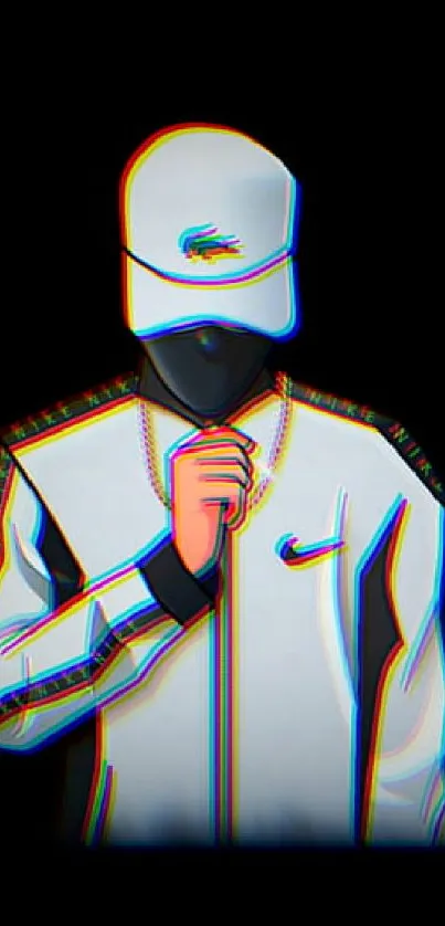 Minimalist graphic of a masked figure in a white jacket on a black background.