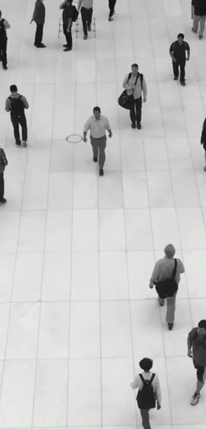 Monochrome city scene with people walking on a tiled surface.