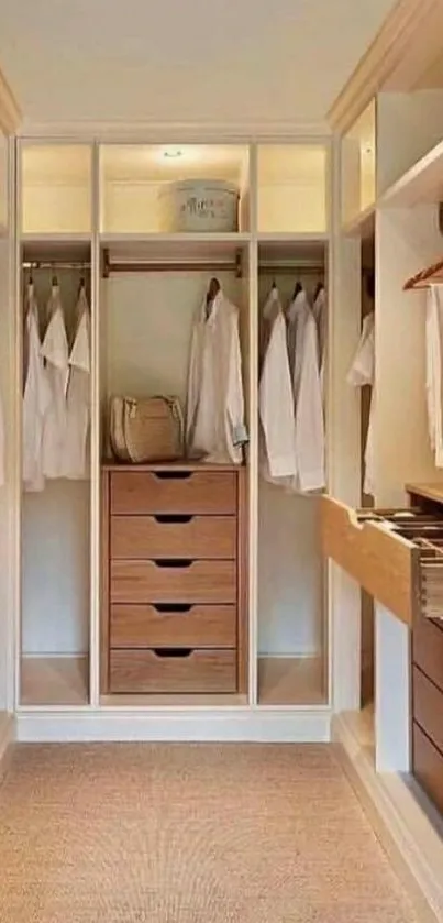 Minimalist wardrobe with neutral decor and wooden accents.