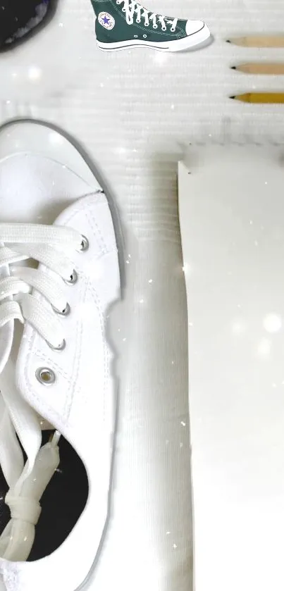 White sneaker with pencils and notebook on white background.