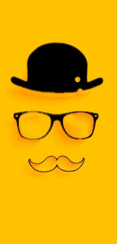 Minimalist yellow wallpaper with black hat, glasses, mustache design.