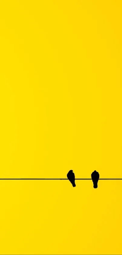 Minimalist wallpaper with yellow background and two birds on a wire.
