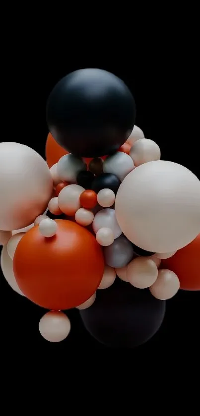 A cluster of colorful balloons on a dark background, featuring black, orange, and white hues.