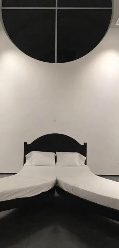 Minimalistic black and white room with a unique bed design.