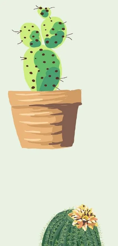 Minimalistic cactus art with pots on light green background.