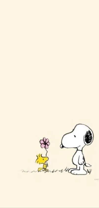 Minimalistic cartoon wallpaper with a dog and bird in pastel beige background.