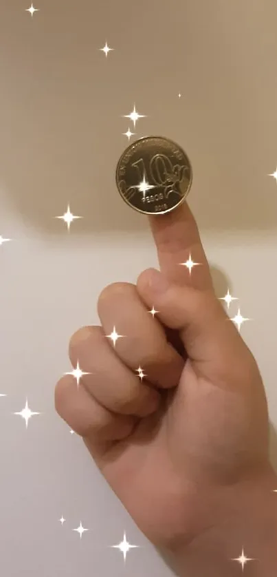 Coin balanced on a finger against a beige background wallpaper.