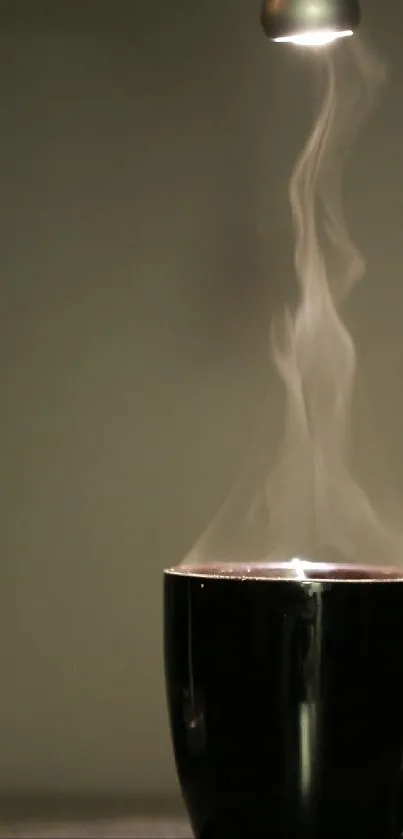 Minimalist black mug under lamp with steam rising.