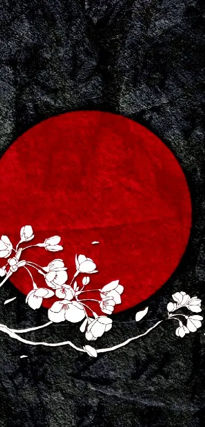 Minimalistic wallpaper with red sun and white cherry blossoms.