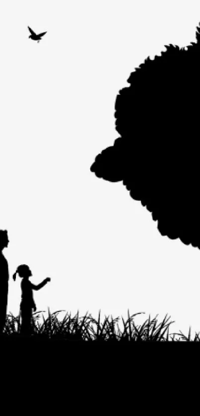 Silhouette of people and tree with birds flying above.