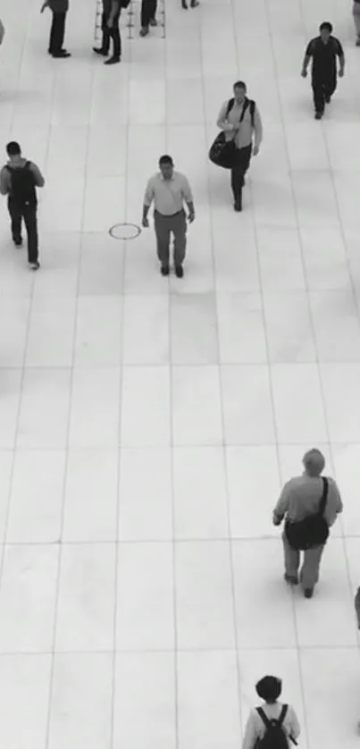 Black and white urban walkway with people walking.