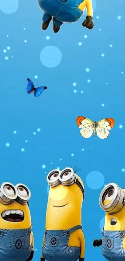 Minion wallpaper with butterflies on a blue background.