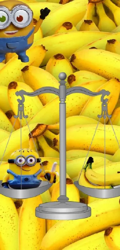 Minion balancing on scales with bananas background.