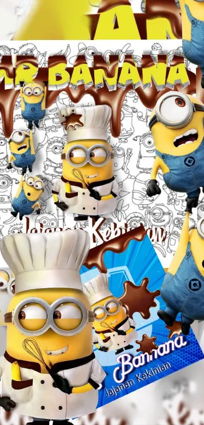 Cartoon Minions with bananas and chocolate design on phone wallpaper.