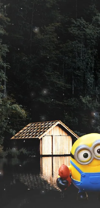 Minion by a lakeside cabin in a forest setting.