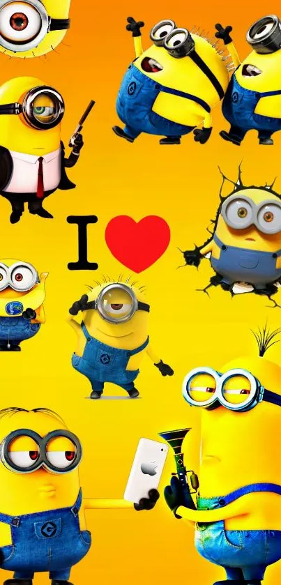 Vibrant Minion characters mobile wallpaper with yellow background.