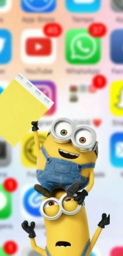 Minions holding paper in front of colorful app icons as a mobile wallpaper.