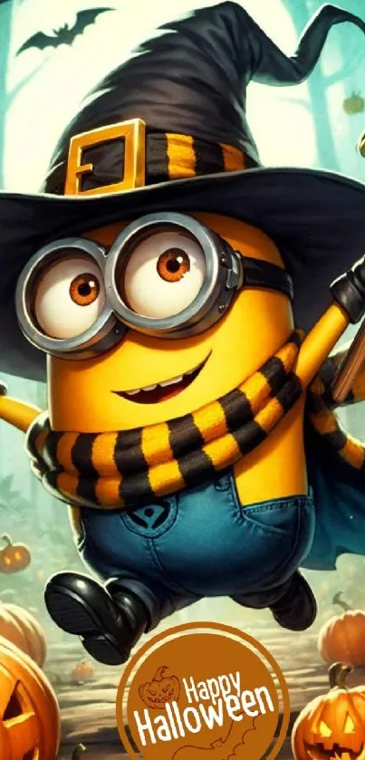 Minion dressed in Halloween costume with pumpkins