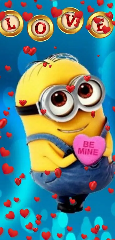 Cute minion holding a heart with blue background and red hearts