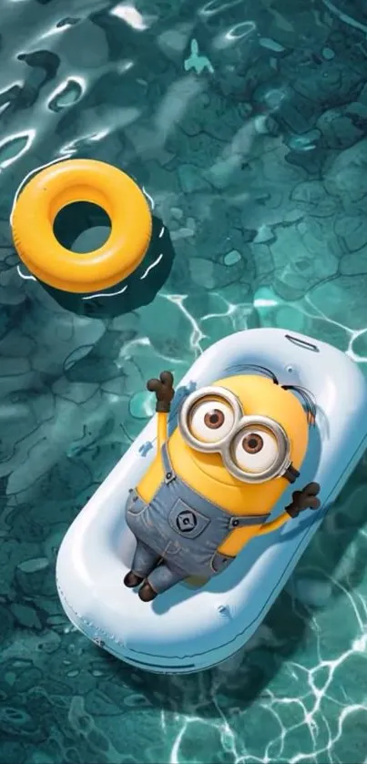 Cartoon minion floating in a blue swimming pool with an inflatable ring.
