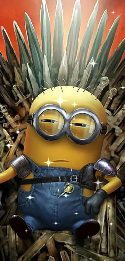 Minion seated on a sword throne with a dramatic background.