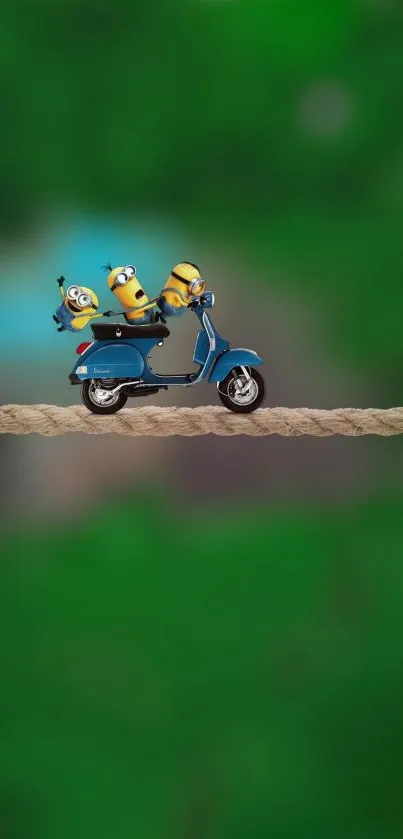 Minions riding a scooter on rope with green background.