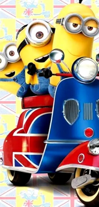 Minions on a Union Jack scooter with colorful background.