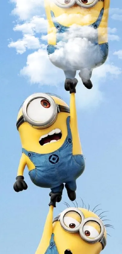 Playful Minions hanging from the sky in a vibrant mobile wallpaper.