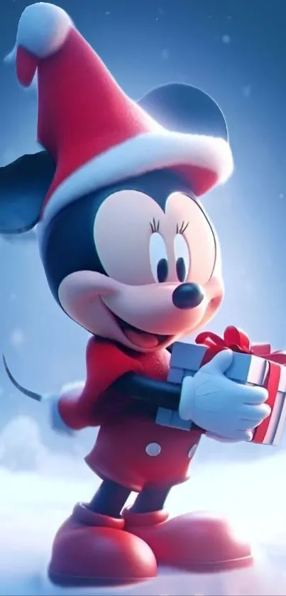 Festive Minnie Mouse in Santa outfit holding a gift on a snowy background.