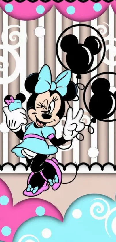 Minnie Mouse with balloons and colorful patterns on a wallpaper.