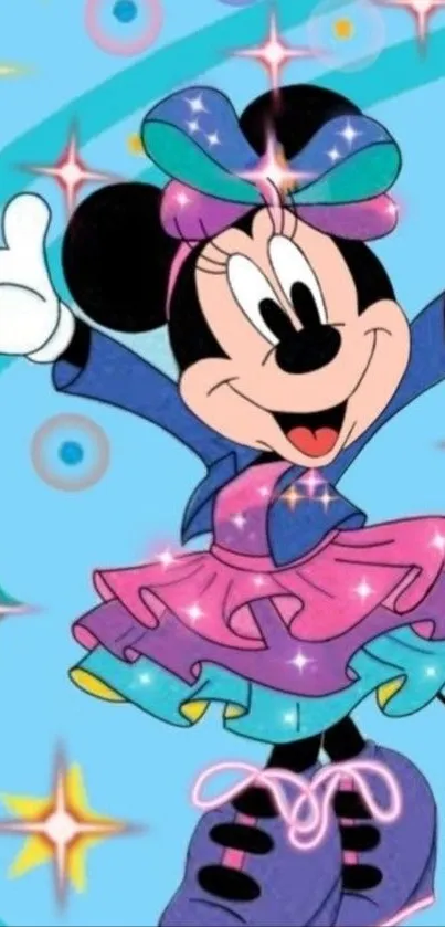 Minnie Mouse cartoon with colorful dress and stars on a blue background.