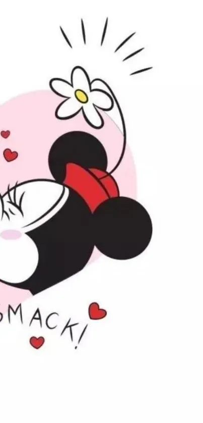 Minnie Mouse giving a kiss with hearts and a flower.