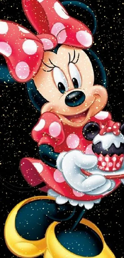 Minnie Mouse holding a cupcake on a dark background.