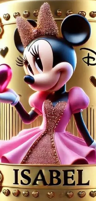 Minnie Mouse in pink dress with a golden background, holding a heart.