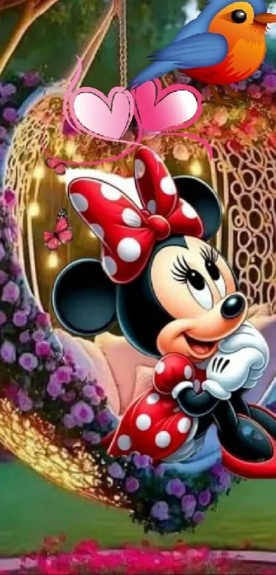 Minnie Mouse on a floral heart swing with a bird and butterflies.