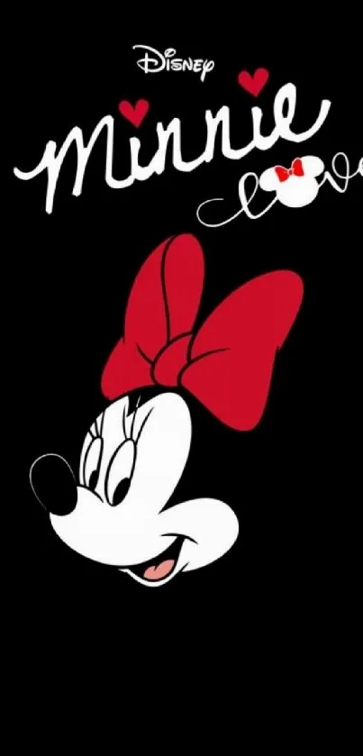 Charming Minnie Mouse with red bow on black background.