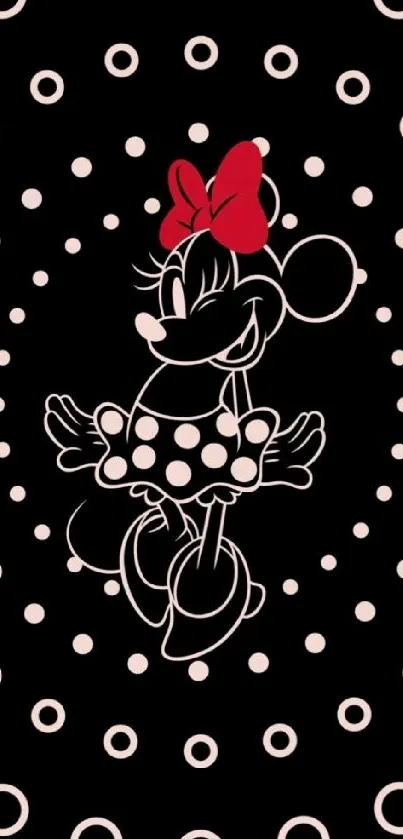 Minnie Mouse pattern on black wallpaper with red bow and white dots.