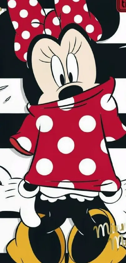 Minnie Mouse in red polka dot dress on a striped background.