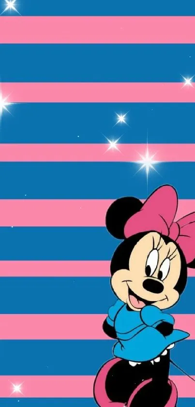 Minnie Mouse on blue and pink striped wallpaper.