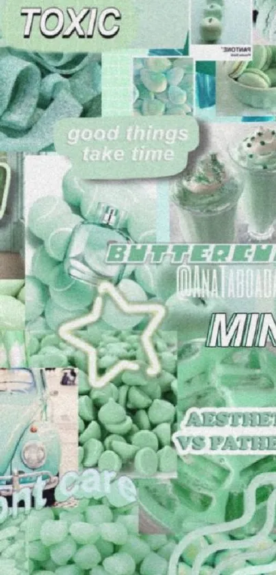 Mint green aesthetic collage with motivational words and pastel vibes.