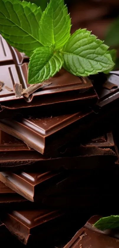 Stack of dark chocolate topped with fresh mint leaves.