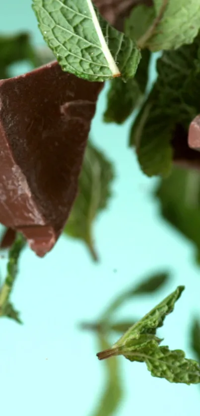 Floating mint leaves and chocolate pieces on a green background.