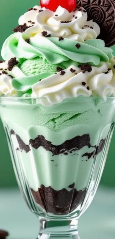 Mint chocolate ice cream sundae with whipped cream and a cherry.